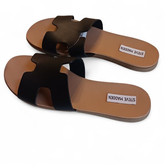 Steve Madden Leather H-Band Slide Flat Sandal Black 9 NIB - Picture 7 of 10